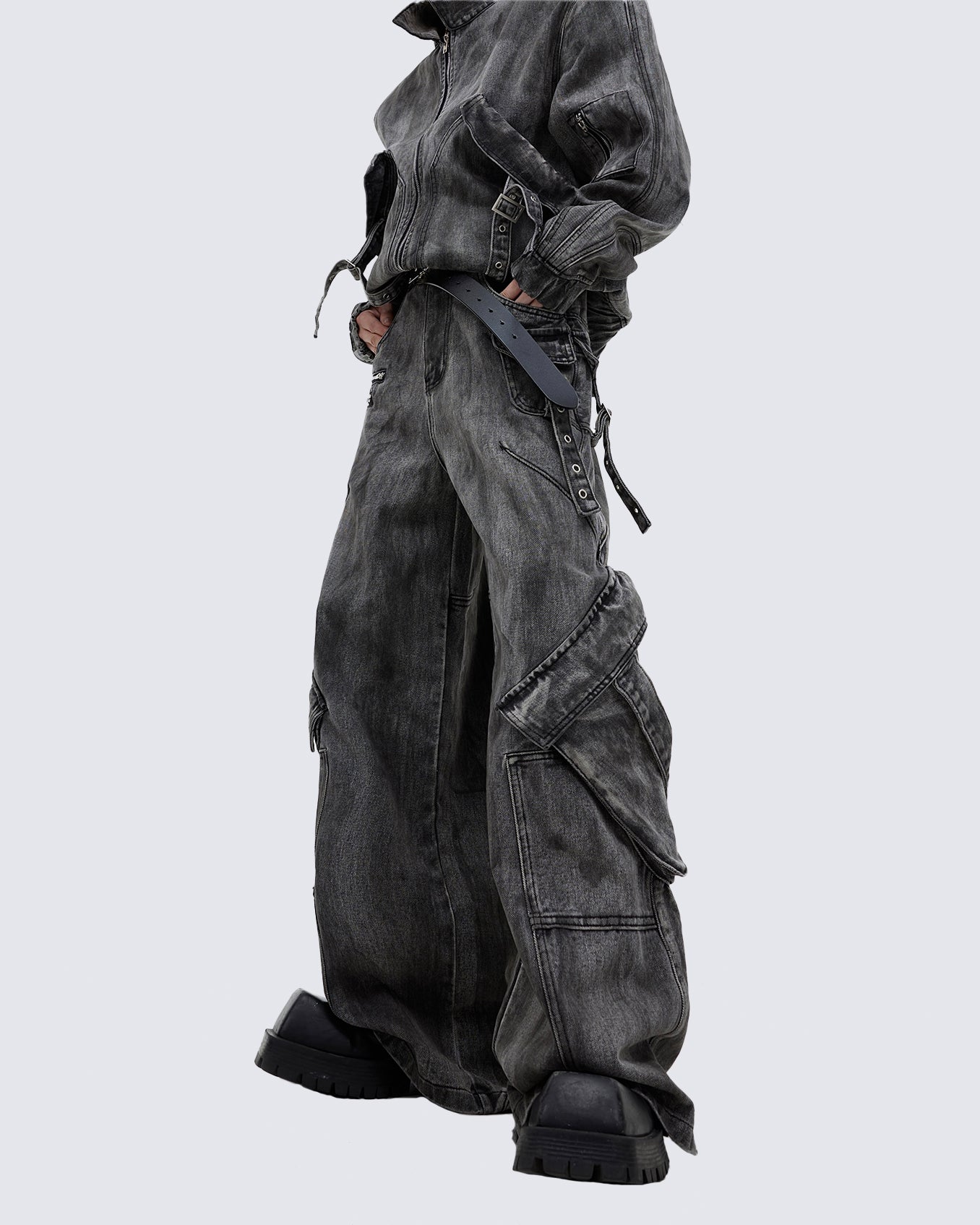 "Futuristic Edge" Heavy-Duty Distressed Wide-Leg Cargo Pants