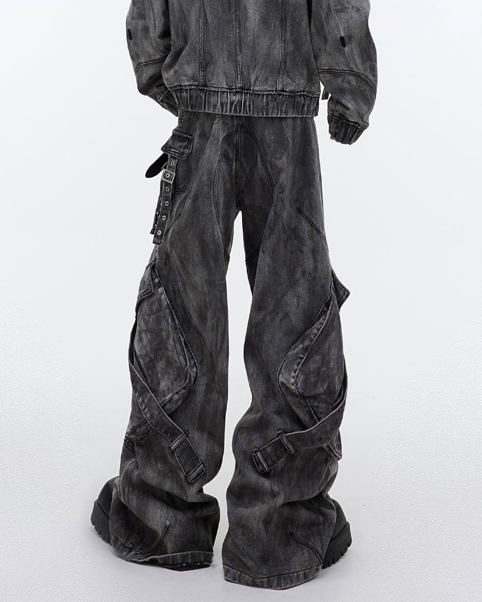 "Futuristic Edge" Heavy-Duty Distressed Wide-Leg Cargo Pants